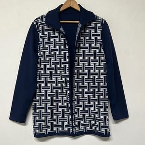 Vintage Cardigan Sweater Navy & White Woven Pattern Union Made in USA